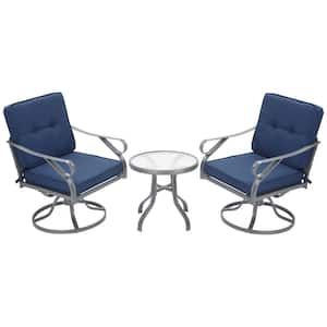 3-Piece Metal Outdoor Bistro Set, 2 Swivel Rocker Chairs and 1 Round Tempered Glass Table with Blue Cushions