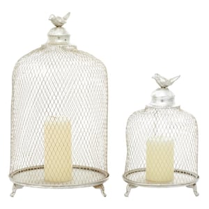 Silver Metal Cage Style Cloche Decorative Bird Candle Lantern with Elevated Stand (Set of 2)