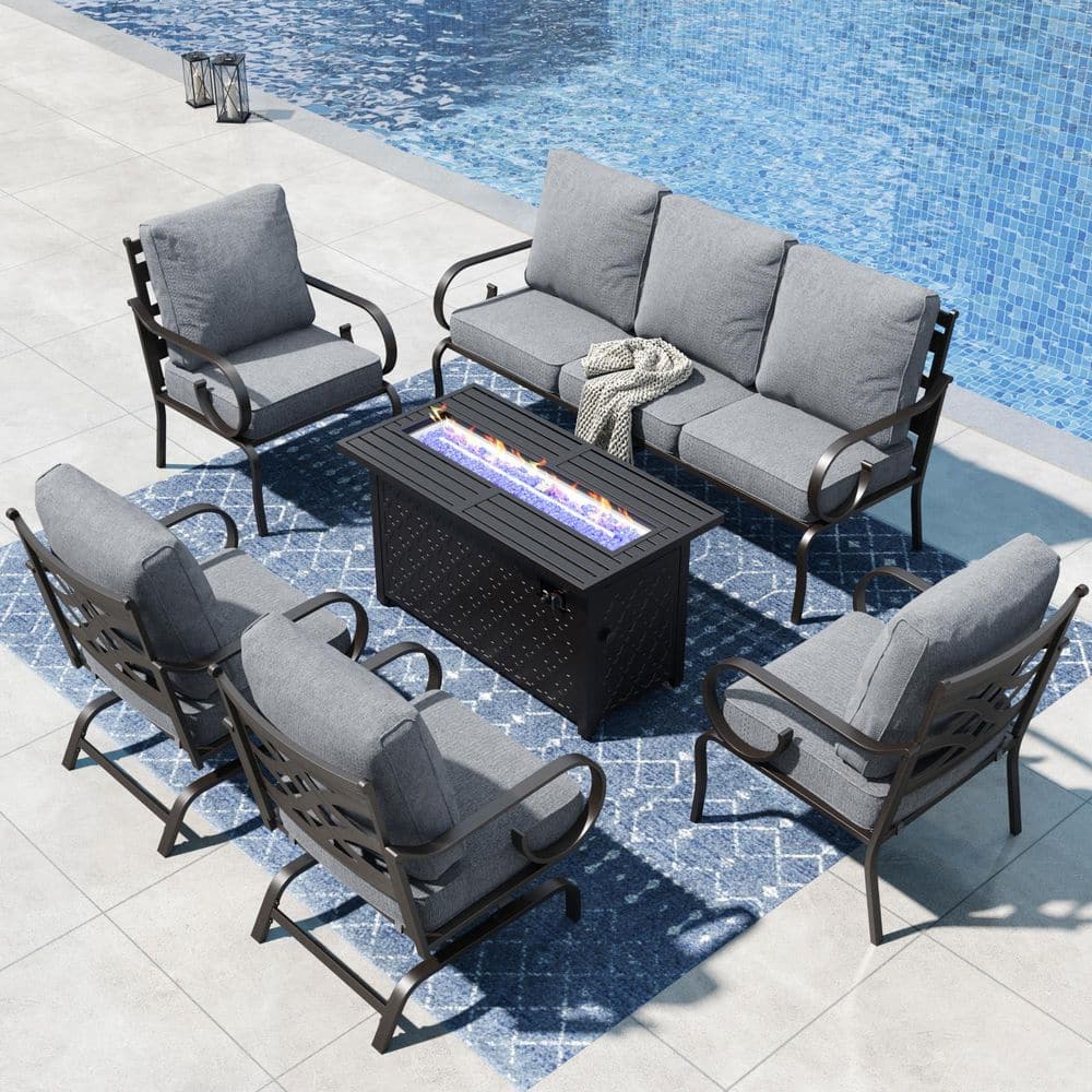 Black Metal 7 Seat 6-Piece Steel Outdoor Fire Pit Patio Set with Gray Cushions,2 Rocking Chairs and Fire Pit Table price history on PriceWatchPro