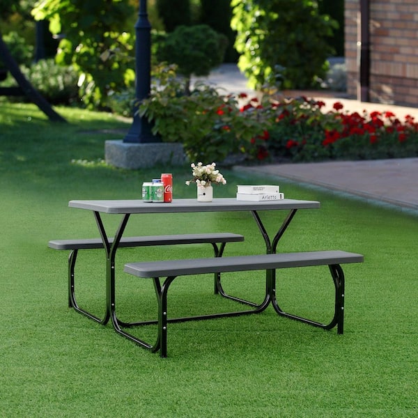ANGELES HOME Black Rectangular Plastic Outdoor Picnic Table with 2