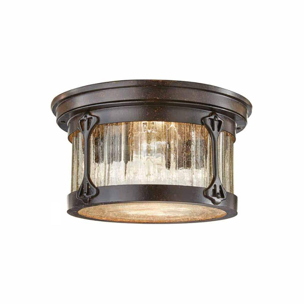 Home Decorators Collection Lamont 2-Light Chestnut Outdoor Ceiling Flush Mount Light with Crackle Glass Shade