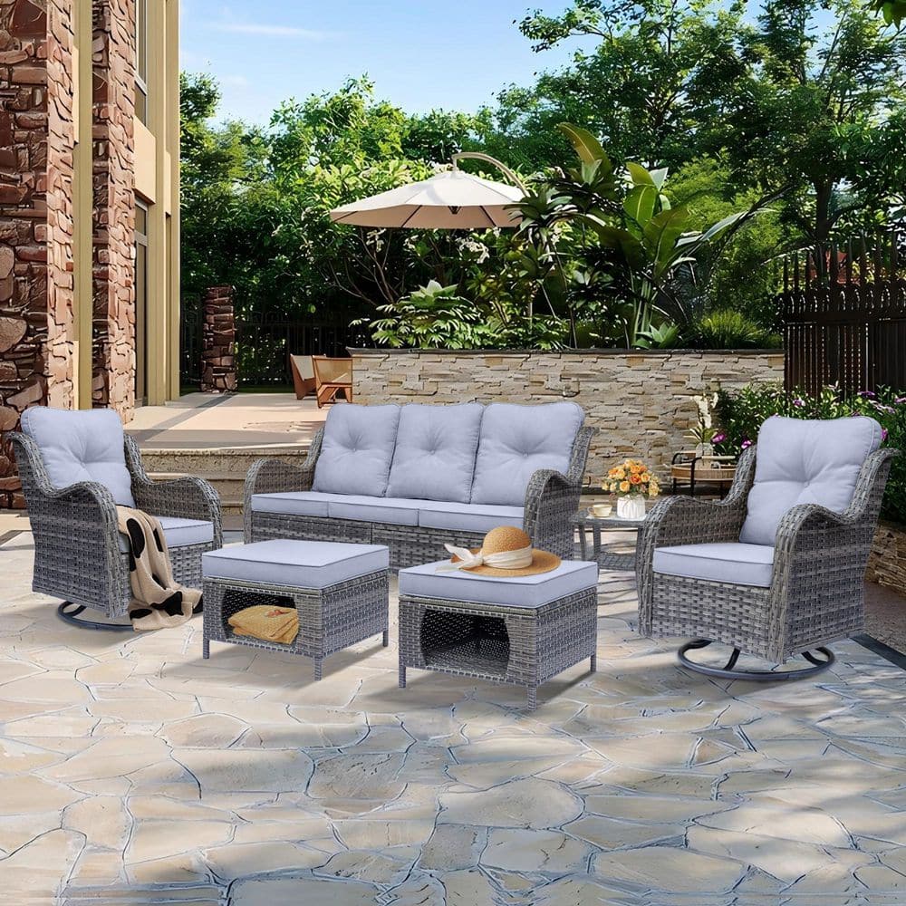 Gray 6-Piece Wicker Outdoor Patio Conversation Seating Sofa Set with Gray Cushions and Swivel Rocking Chairs price history on PriceWatchPro