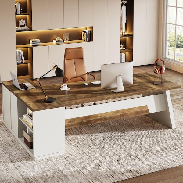 Capen 78 in. L Shaped Brown and White Wood Executive Desk with Lateral File Cabinet, Modern Computer Desk