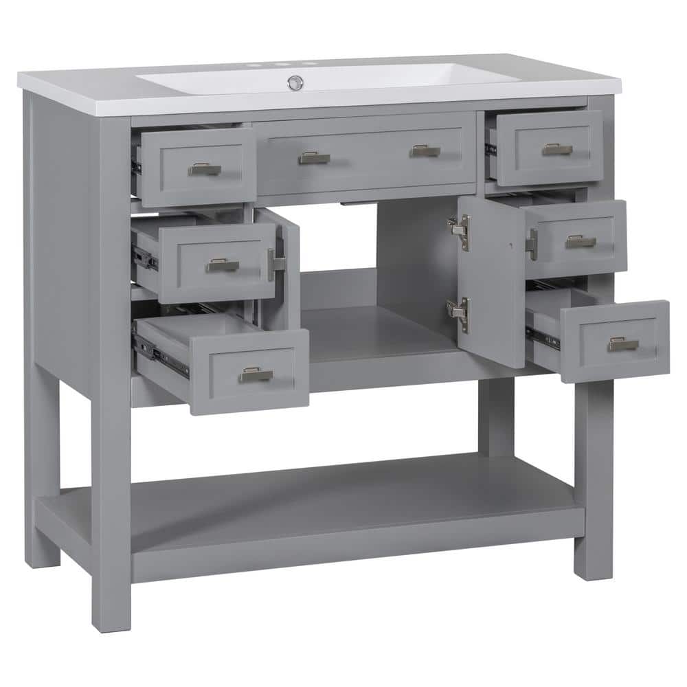 35.2 in. W x 17.7 in. D x 34.1 in. H Gray Wood Linen Cabinet with Resin Top