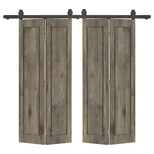 72 in. x 84 in. 1-Panel Shaker Hollow Core Weather Gray Pine Wood Double Bi-fold Door with Barn Door Hardware Kit