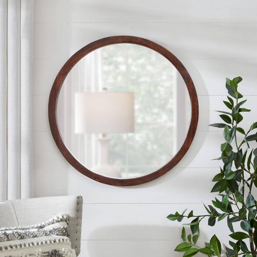 Home Decorators Collection Medium Round Dark Stain Wood Transitional Accent Mirror (24 in ...