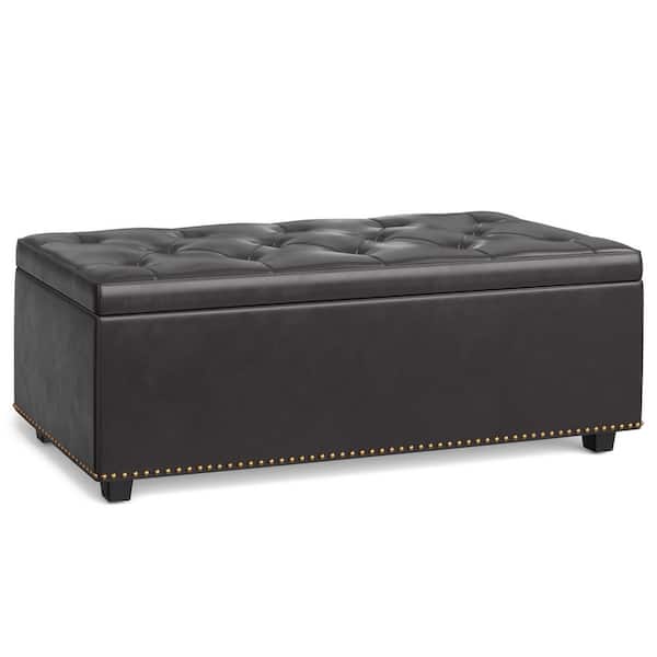 Simpli Home Hamilton 44 in. Rectangle Lift Top Storage Ottoman in Tanners Brown Vegan Faux Leather, Assembled