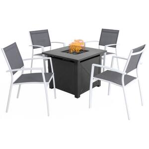 Naples White/Gray 5-Piece Aluminum Patio Fire Pit Set with 4 Sling Chairs and 40,000 BTU Tile-Top Fire Pit Table