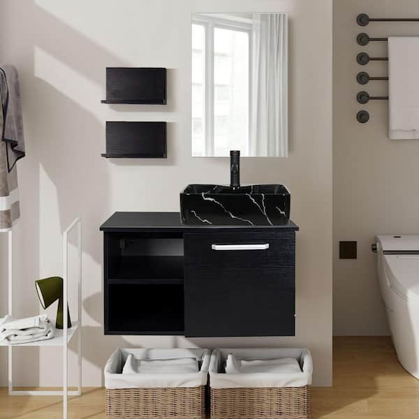 Puluomis 28 in. W x 19 in. D x 16 in. H Single Sink Bath Vanity in Black with Black Solid Surface Top and Mirror