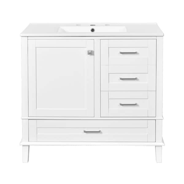 Siavonce 36 in. H Modern Bathroom Accent Cabinet with Solid Pine Frame Dividers 1 Soft Close Door and 3 Drawers White