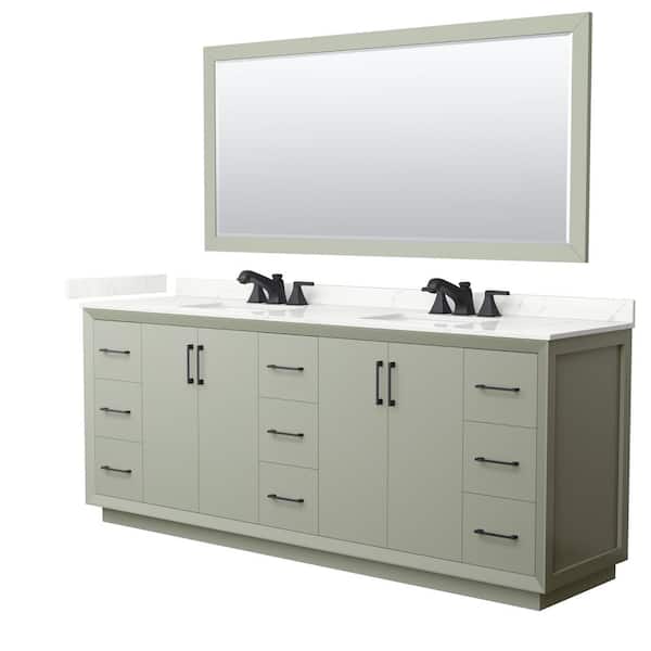 Wyndham Collection Strada 84 in. W x 22 in. D x 35 in. H Double Bath Vanity in Light Green with Giotto Quartz Top and 70 in. Mirror
