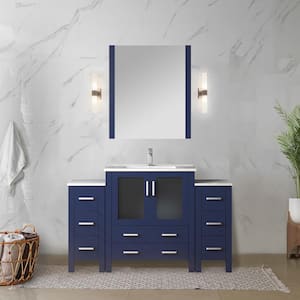 Volez 54 in. W x 18 in. D x 34 in. H Single Sink Bath Vanity in Navy Blue with White Ceramic Top and Mirror