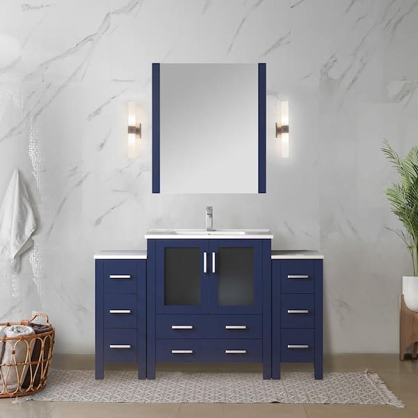 Lexora Volez 54 in. W x 18 in. D x 34 in. H Single Sink Bath Vanity in Navy Blue with White Ceramic Top and Mirror