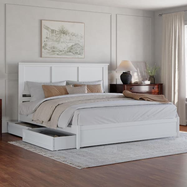 AFI Felicity White Solid Wood Frame King Platform Bed with Panel Footboard and Storage Drawers