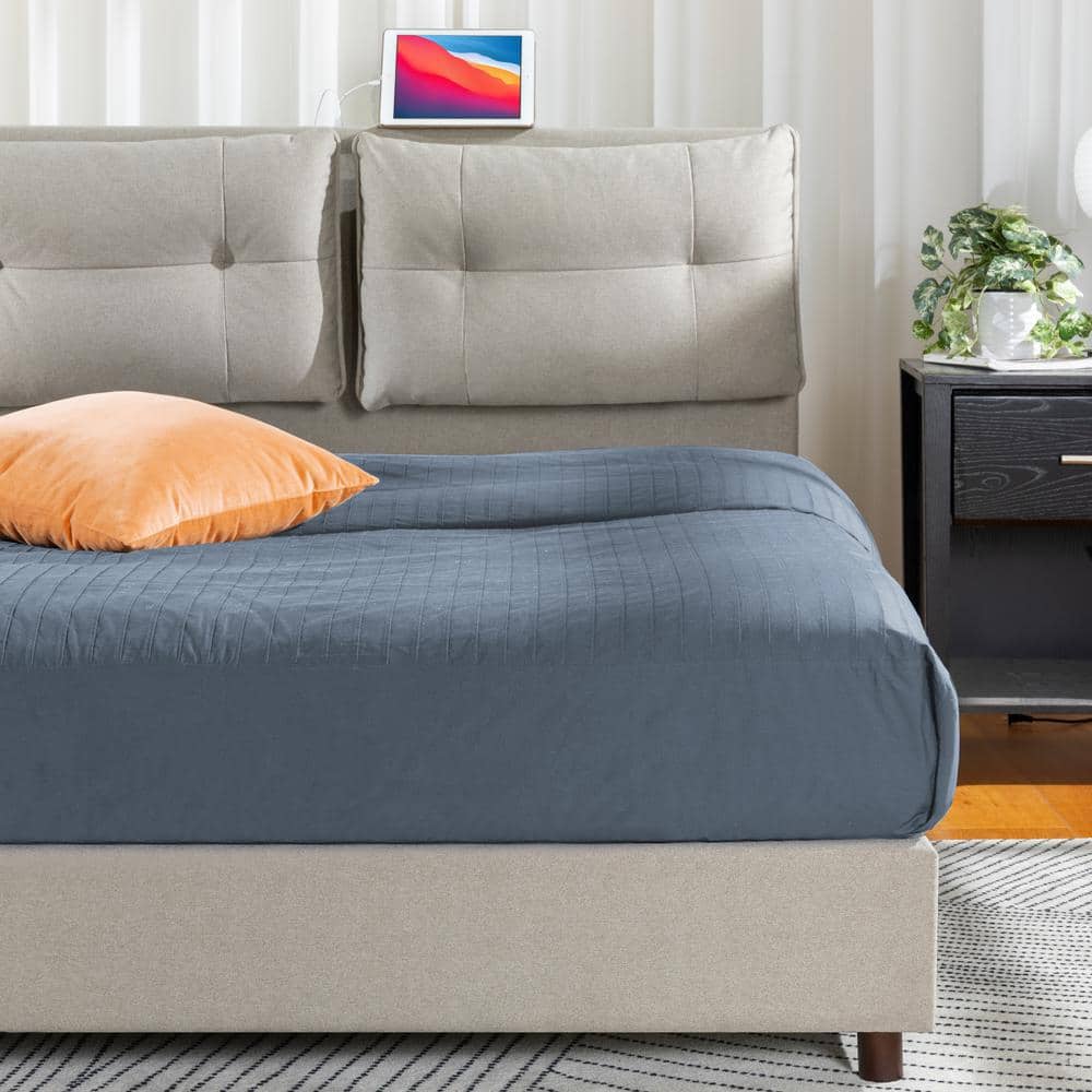 Beige King Metal Frame Platform Bed with Reclining Upholstered Headboard and USB Ports