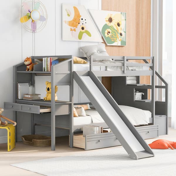 Polibi Gray Twin Over Twin Bunk Bed with Storage Staircase, Slide and Drawers, Desk with Drawers and Shelves