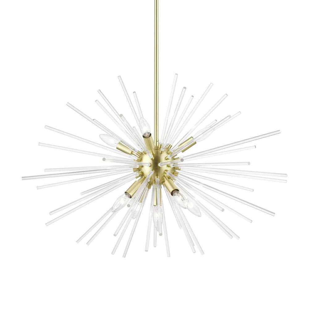 Elegant Spheroid 9-Light Pendant Chandelier with Satin Brass Finish and Clear Glass Rods