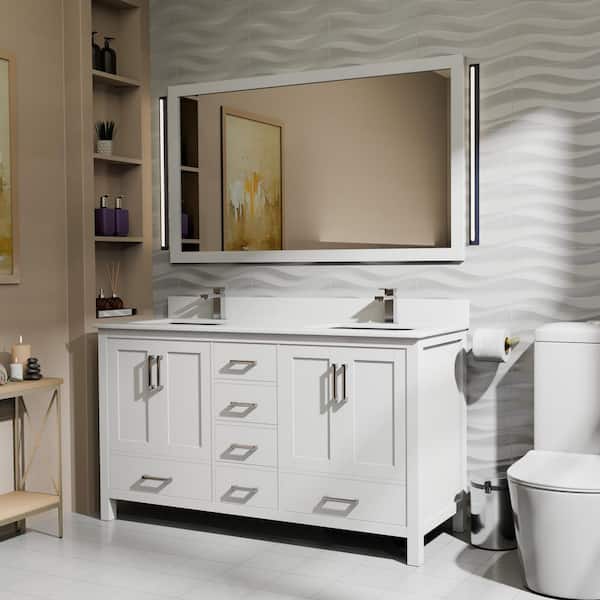 Lexora Jacques 60 in. W x 22 in. D White Bath Vanity, Cultured Marble Top, Faucet Set, and 58 in. Mirror