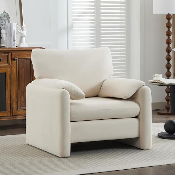 JEAREY Modern Beige Chenille Oversized Wood Accent Outdoor and Indoor Lounge Chair with Armrest Cushion for Living Room