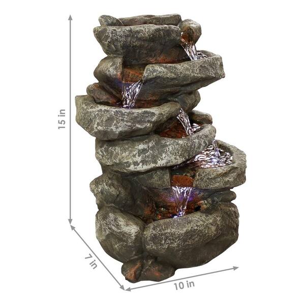 15" Sunnydaze 6 Tier Stone Falls Tabletop Indoor Water Fountain Feature w/ LED 