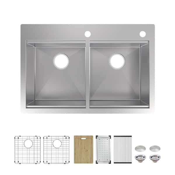 Professional Zero Radius 33 in. Drop-In Double Bowl 16 Gauge Stainless Steel Workstation Kitchen Sink with Accessories