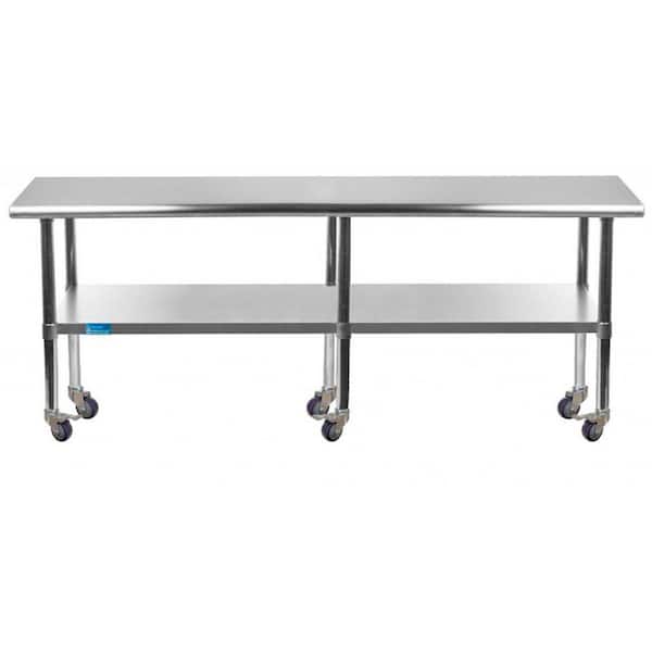 AMGOOD 30 in. x 96 in. Stainless Steel Work Table with Casters : Mobile Metal Kitchen Utility Table with Bottom Shelf