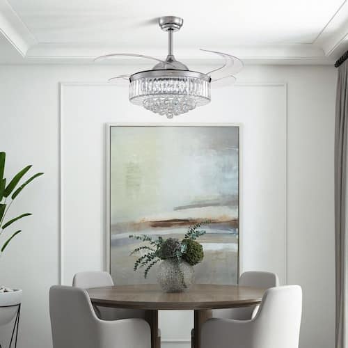 48 in. Indoor Modern Chrome Retractable Crystal Ceiling Fan with Dimmable LED Light Fandelier with Remote APP Control Ceiling Fans