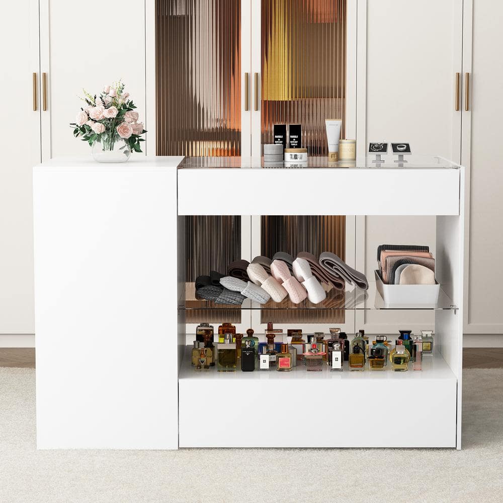 White Wood Free Standing 47.2 in. W Jewelry Armoire With Tempered Glass Top and 8-Drawers - thumbnail 6
