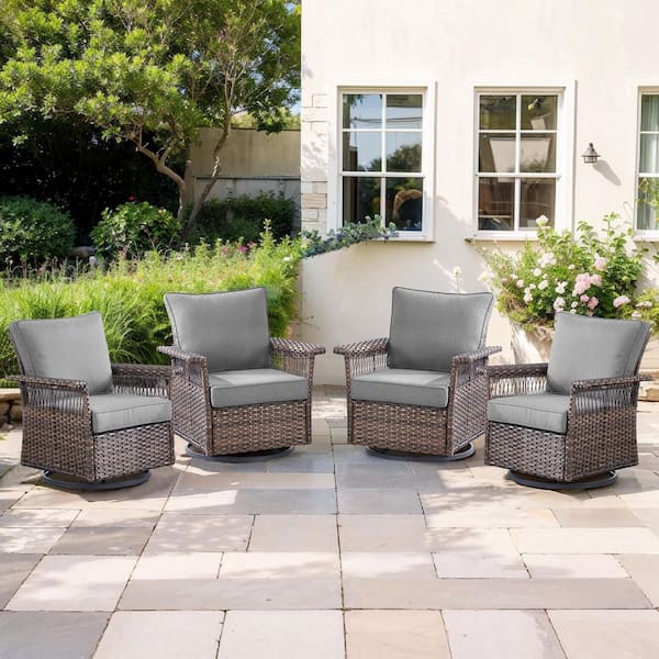 Solara 4-Piece Brown Wicker Outdoor Rocking Chair Patio Furniture Swivel Glider Set Deep Seating with Gray Cushions