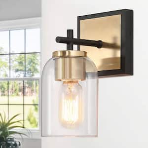 Modern 1-Light Brass Gold Wall Sconce, Black Vanity Light with Cylinder Clear Glass Shades, Wall Lamp for Bathroom Foyer