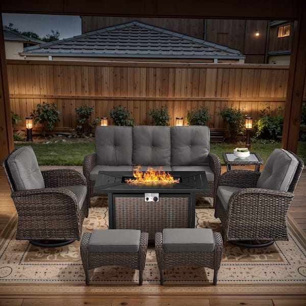 Brown 7-Piece Wicker Patio Fire Pit Set, Outdoor Sofa Seating Set with Olefin Gray Cushions and Swivel Rockers