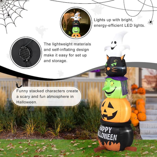 Glitzhome 8ft Lighted Halloween Inflatable Stacked Ghost, Black Cat, Witch & Pumpkin Decor