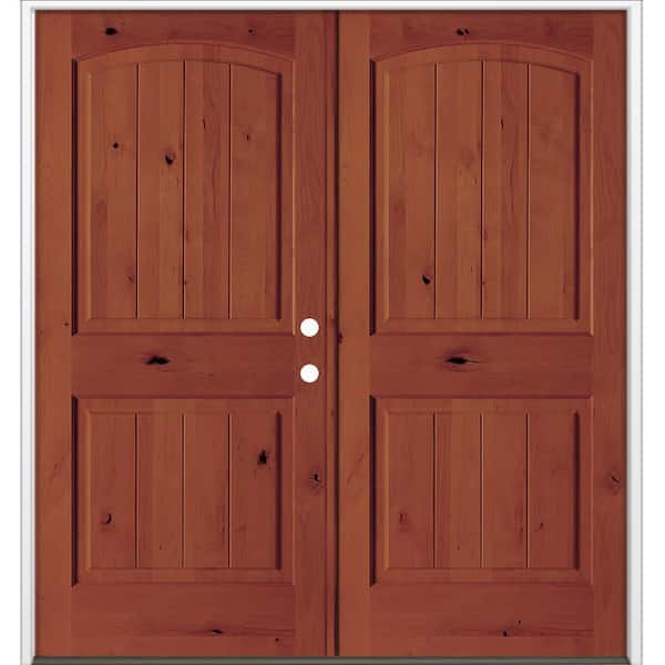 64 in. x 80 in. Rustic Knotty Alder Arch Top VG Left-Hand/Inswing Double BEHR Amaretto Stain Wood Prehung Front Door