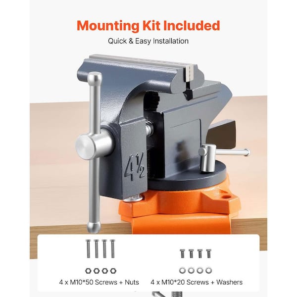 Bench Vise 4.5 In., Portable Workbench Clamp with 270° Swivel Base, Quick Release Cast Iron Vice for Wood & Metal
