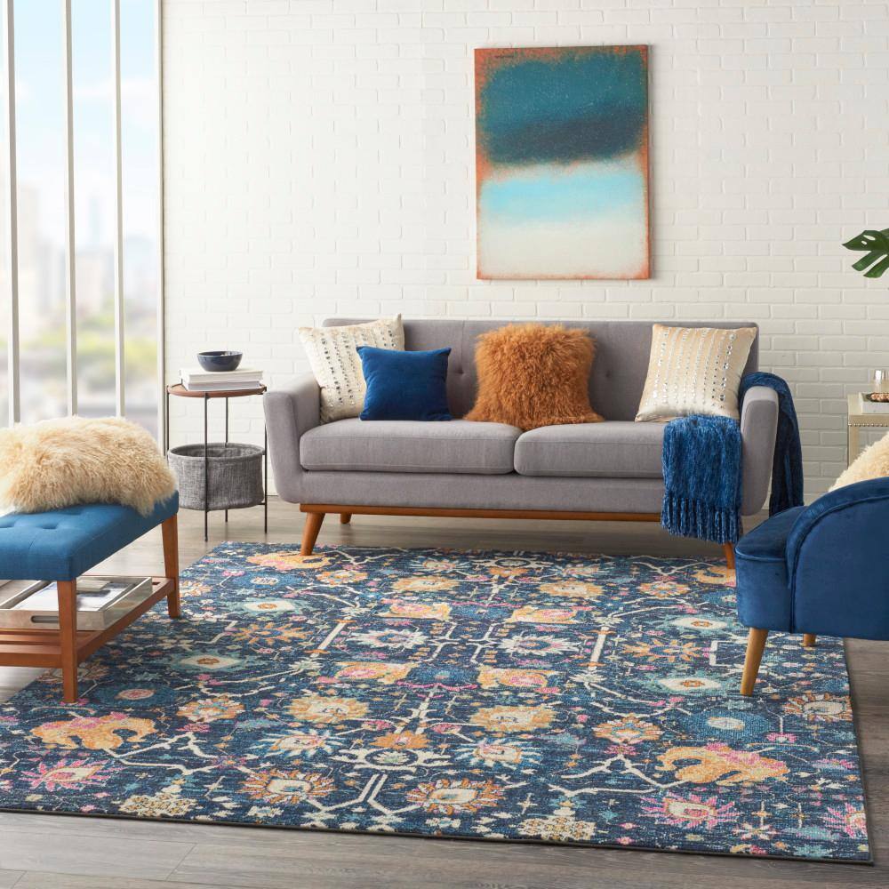 Navy Bliss Floral Synthetic 8' x 10' Handmade Reversible Rug