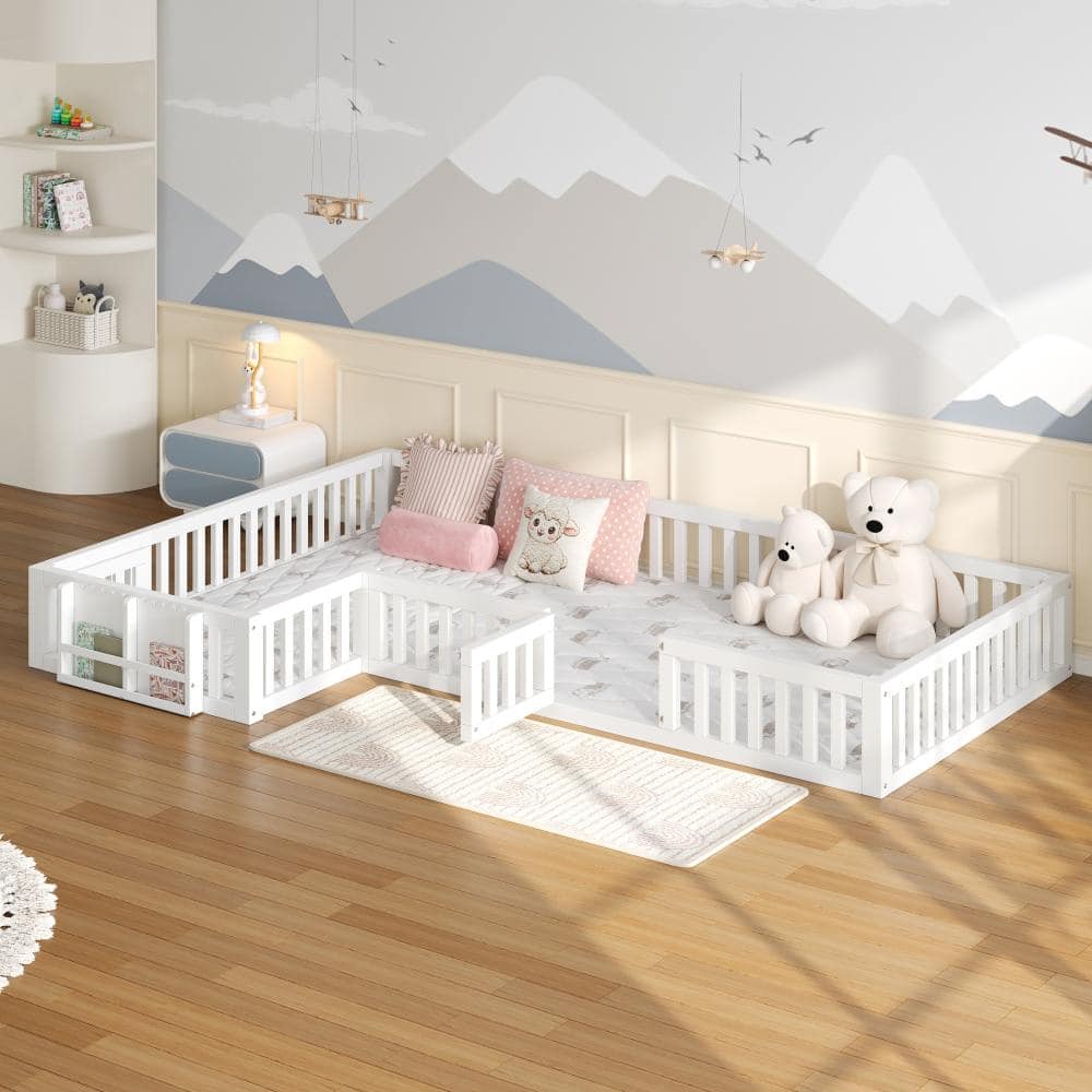White Twin and Full L-Shaped Floor Bed with All-Round Guardrails, Built-in Bookcase and Lockable Safety Gate