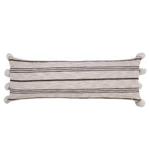 Modern Beige / White / Black 14 in. x 36 in. Farmhouse Striped Lumbar Indoor Throw Pillow with Pom Poms