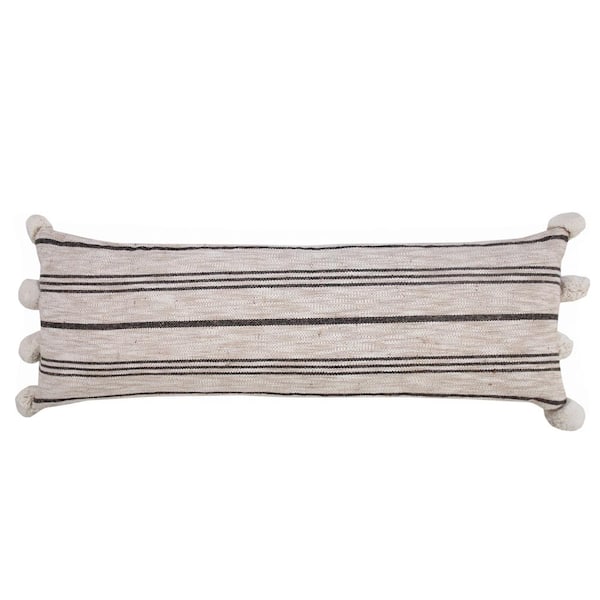 Unbranded Modern Beige / White / Black 14 in. x 36 in. Farmhouse Striped Lumbar Indoor Throw Pillow with Pom Poms