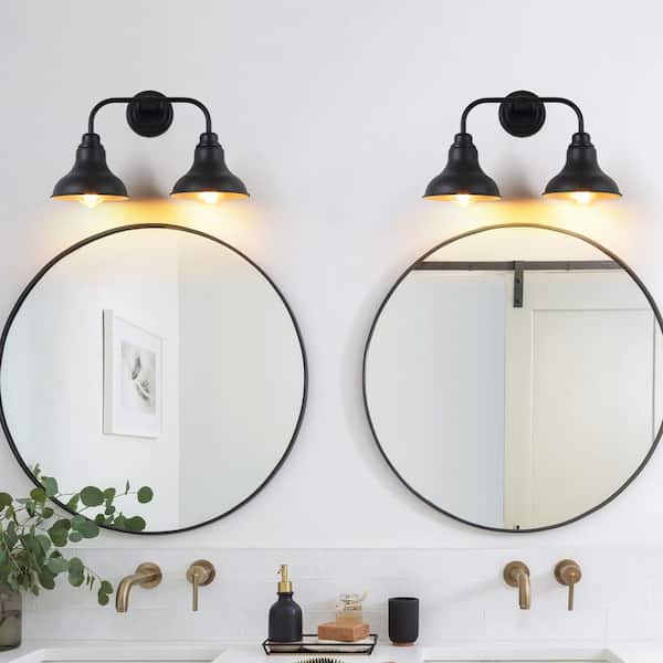Farmhouse 18 in. 2-Light Black Vanity Light with Black Metal Shades