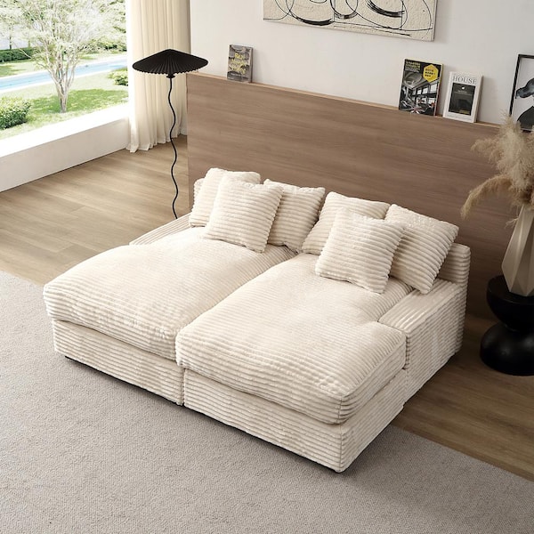 Harper & Bright Designs 74.8 in. Beige Corduroy Full Size Sofa Bed with Square Arm and 8-Pillows