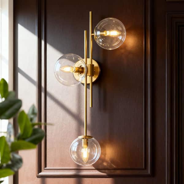 30 in. 3-Light Painted Gold Modern Bathroom Vanity Light Decorative Linear Foyer Wall Sconce with Clear Glass Globes