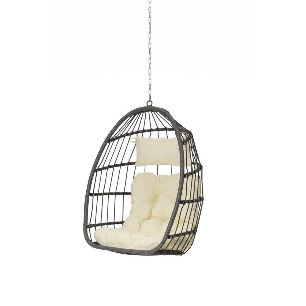 Wicker Metal Porch Swing Outdoor Garden Egg Hanging Chair with Cream Cushio