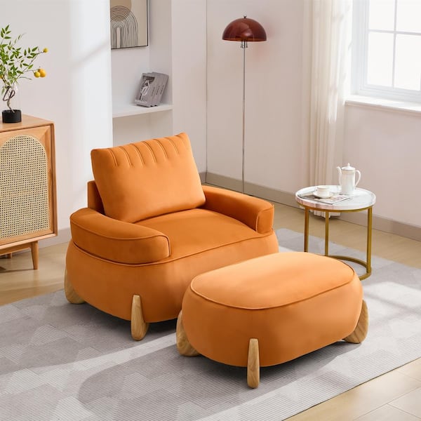 JEAREY Modern Orange Velvet Accent Arm Chair with Ottoman