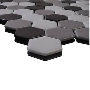 Glass Tile LOVE Head Over Heels Black and Gray 12 in. X 12 in. Hex Glossy Glass Mosaic Tile for Walls, Floors and Pools