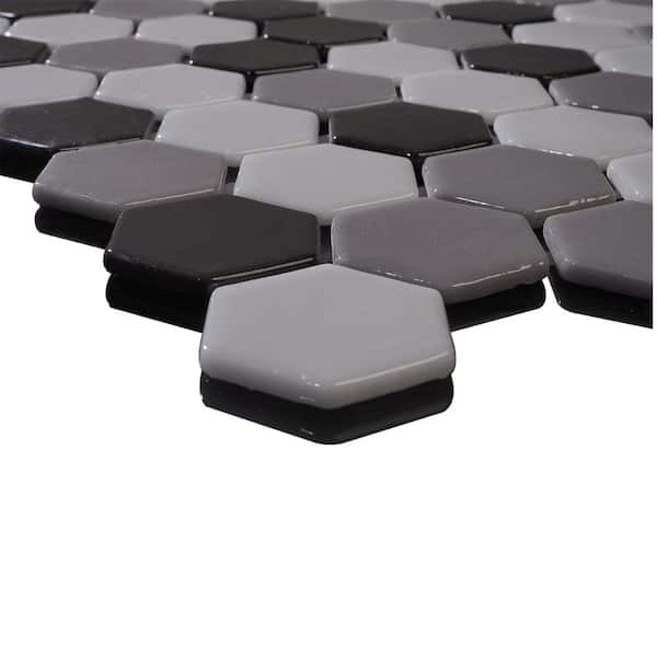 Glass Tile LOVE Hex 11 in. x 16 in. Glossy Black and Gray Mosaic for Wall, Floor and Pool Tile 10.76 sq. ft. Case
