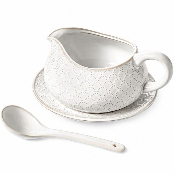 10 oz Arctic White Ceramic Gravy Boat 24 oz with Ladle Saucer Stand 7.76 x 7.76 x 4.09 in. Firework Pattern