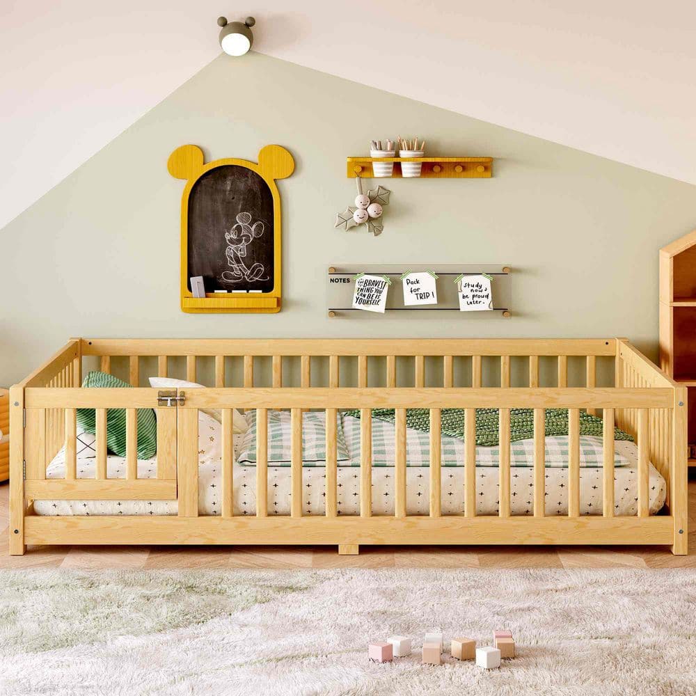 Natural/Yellow Pine Wood Frame Full Platform Bed with Safety Guardrails and Door price history on PriceWatchPro