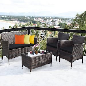 4-Piece Wicker Patio Conversation Set with Black Cushions and Glass Table for Outdoor Patio