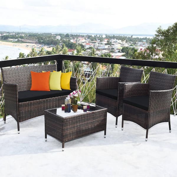 ANGELES HOME 4-Piece Wicker Patio Conversation Set with Black Cushions and Glass Table for Outdoor Patio