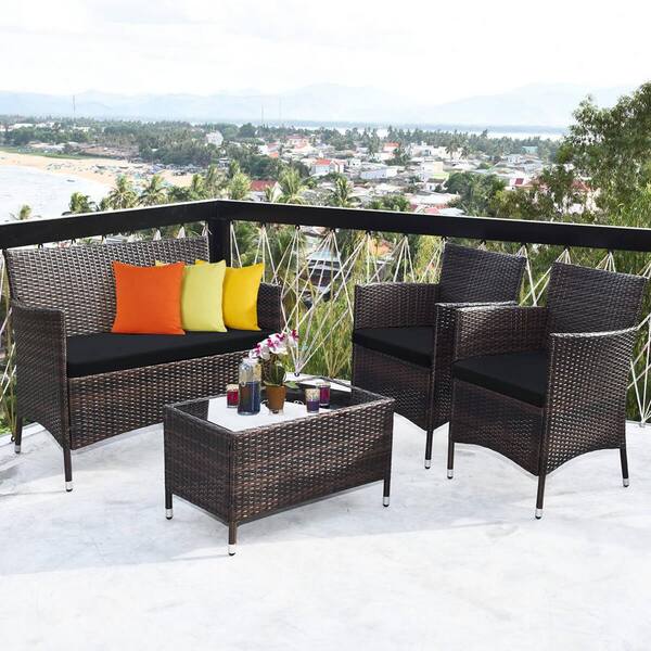 ANGELES HOME 4-Piece Wicker Patio Conversation Set with Black Cushions and Glass Table for Outdoor Patio